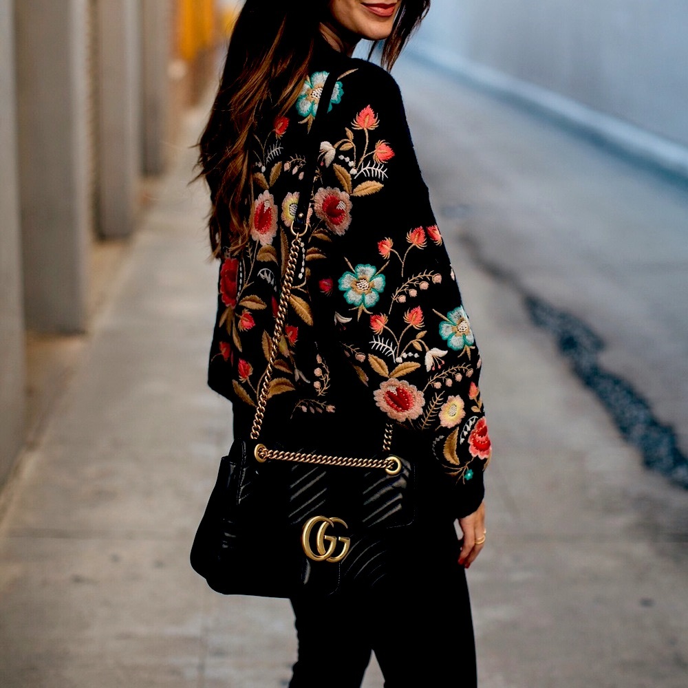 New floral embroidered black crew sweater